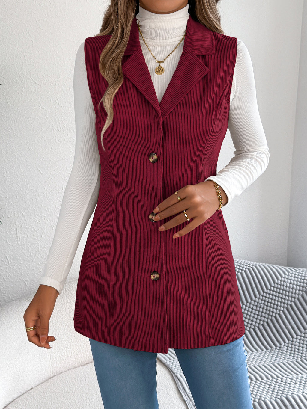 Women's Casual Single-Breasted Blazer Lapel Corduroy Vest Jacket