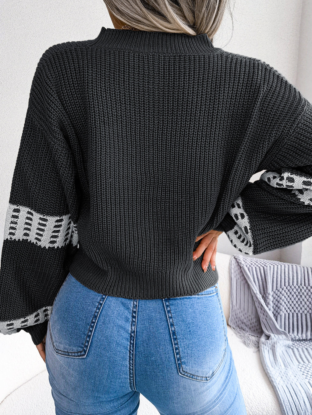 Women Designer Color Block Lantern Sleeve Cardigan Sweater Coat