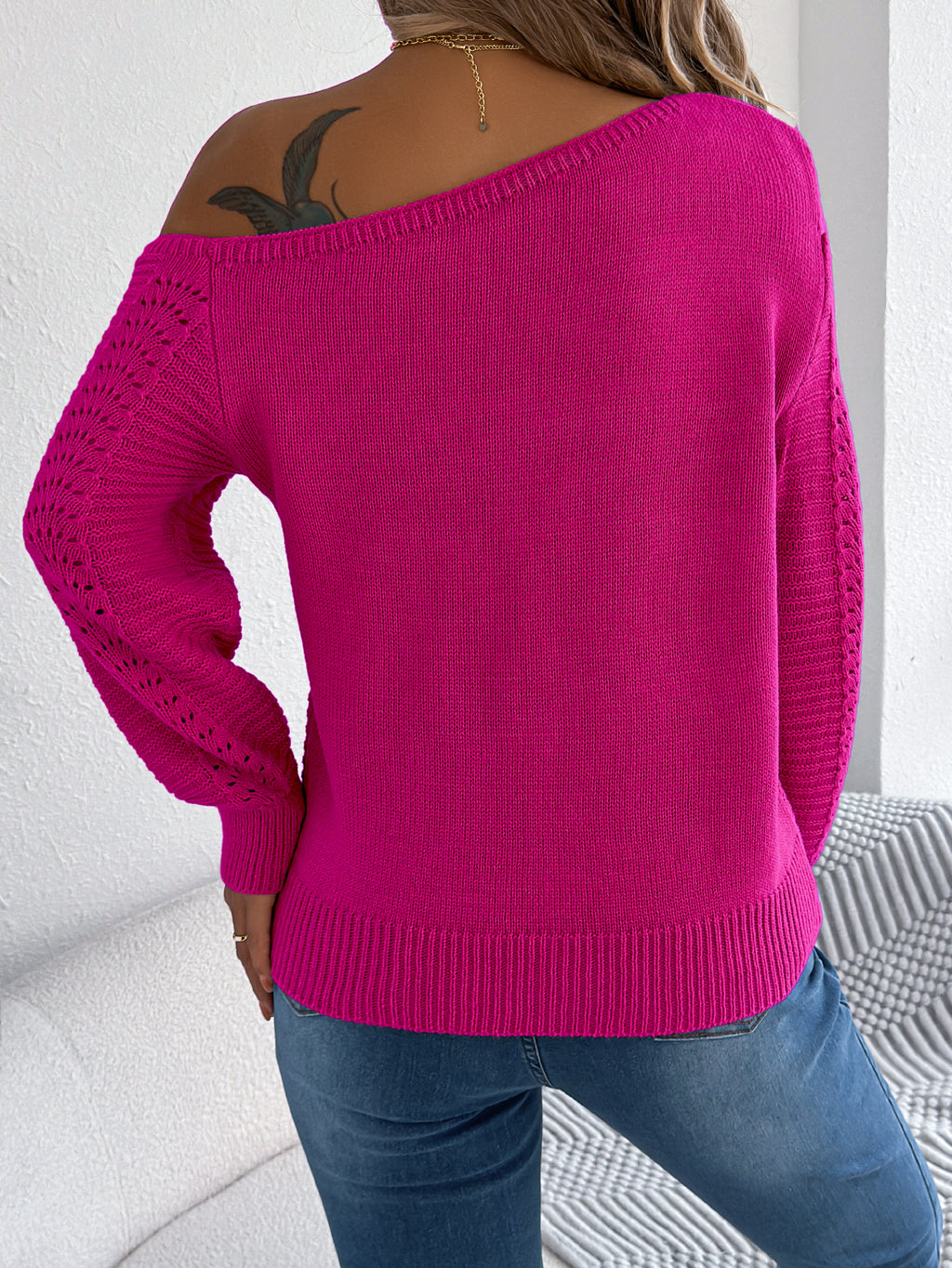 Women Casual Solid Color Hollow Out Off-Shoulder Long Sleeve Pullover Sweater