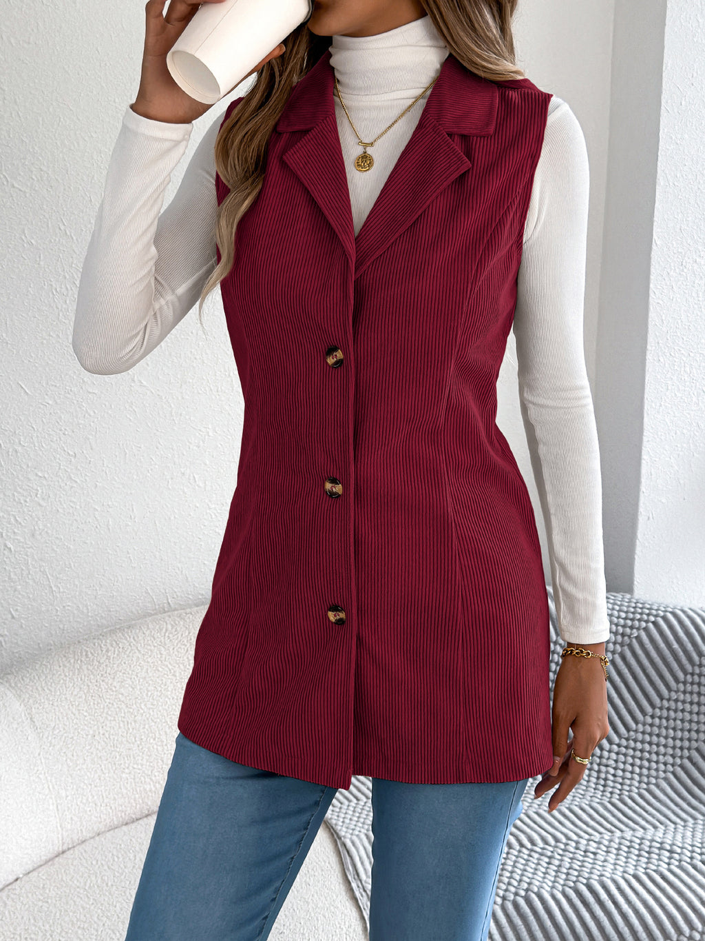 Women's Casual Single-Breasted Blazer Lapel Corduroy Vest Jacket