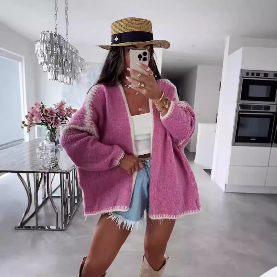 Thick Needle Knitted Sweater Coat Solid Color Loose Cardigan