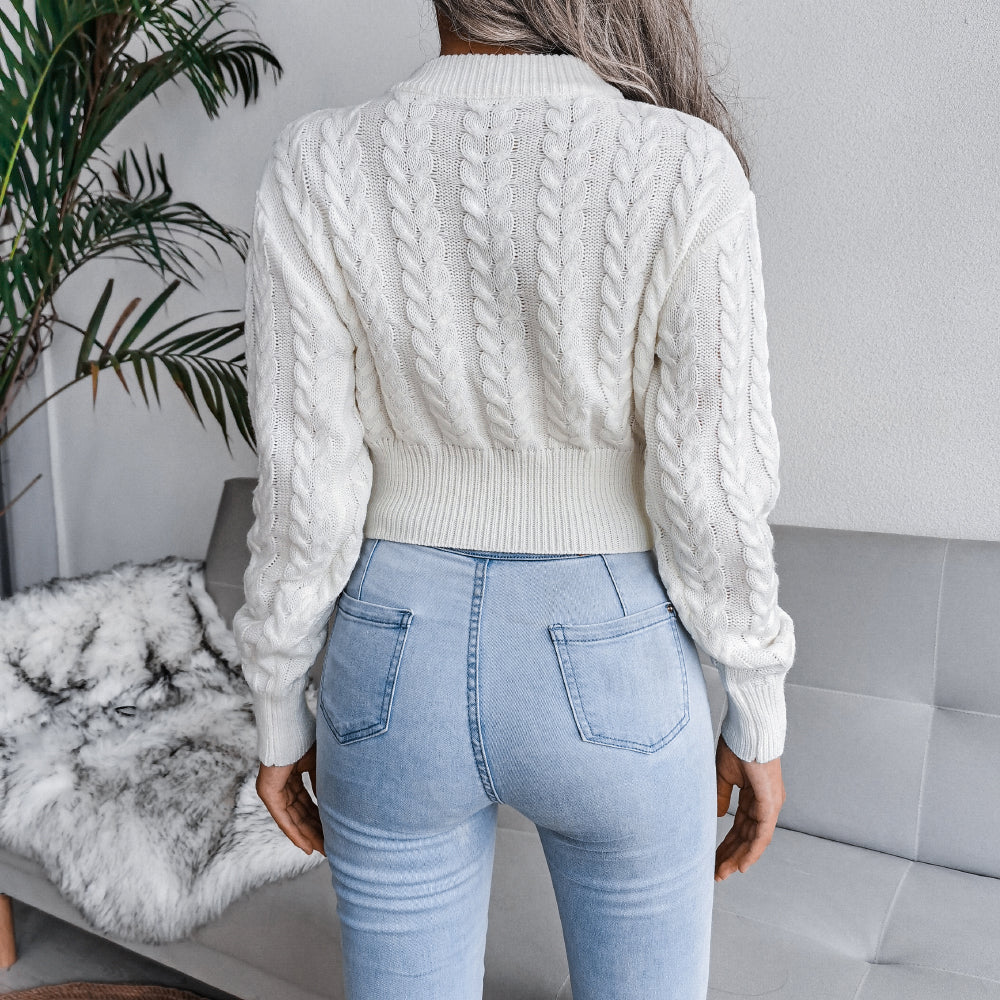 Cable Knit Waist Cinched Cropped Sweater