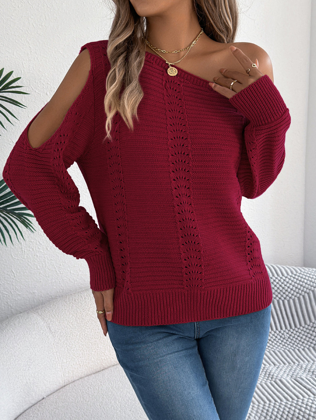 Women Casual Solid Color Hollow Out Off-Shoulder Long Sleeve Pullover Sweater