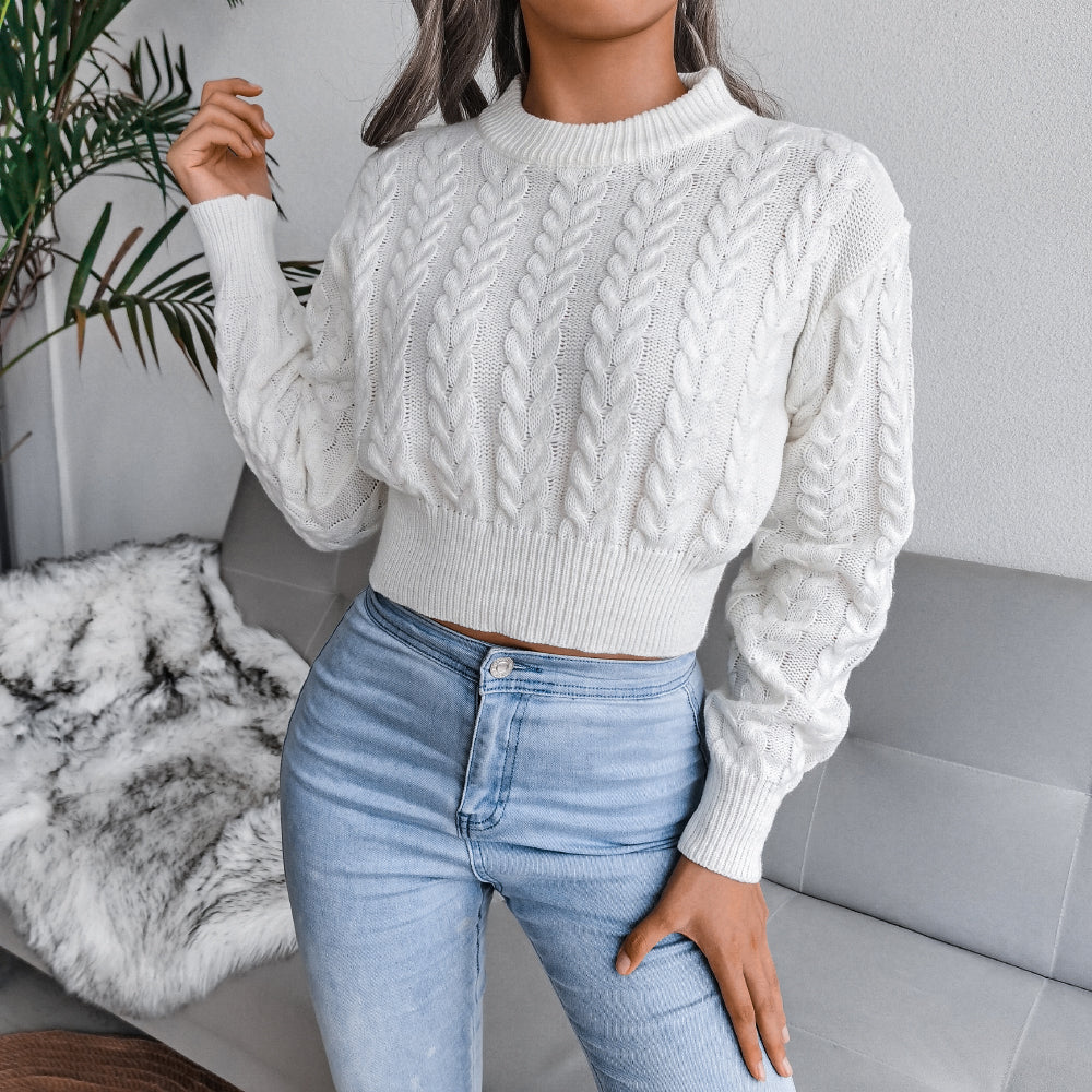 Cable Knit Waist Cinched Cropped Sweater