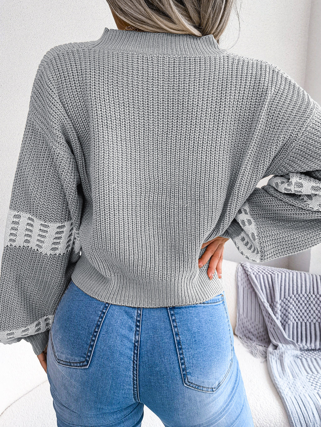 Women Designer Color Block Lantern Sleeve Cardigan Sweater Coat