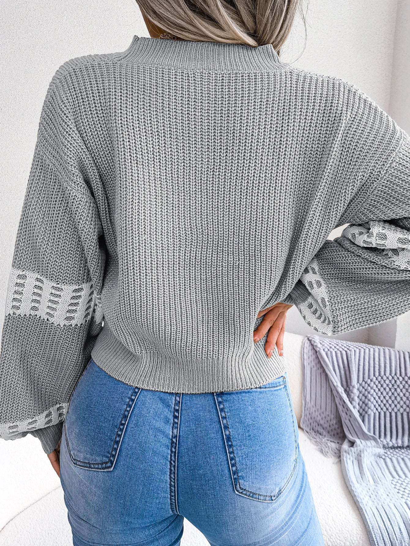 Women Designer Color Block Lantern Sleeve Cardigan Sweater Coat