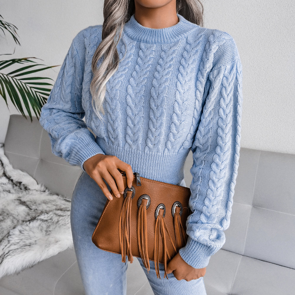 Cable Knit Waist Cinched Cropped Sweater