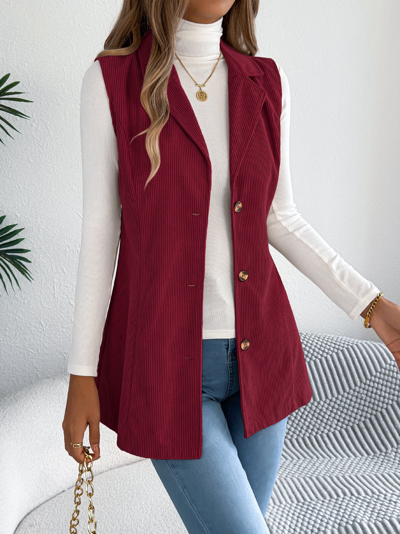 Women's Casual Single-Breasted Blazer Lapel Corduroy Vest Jacket