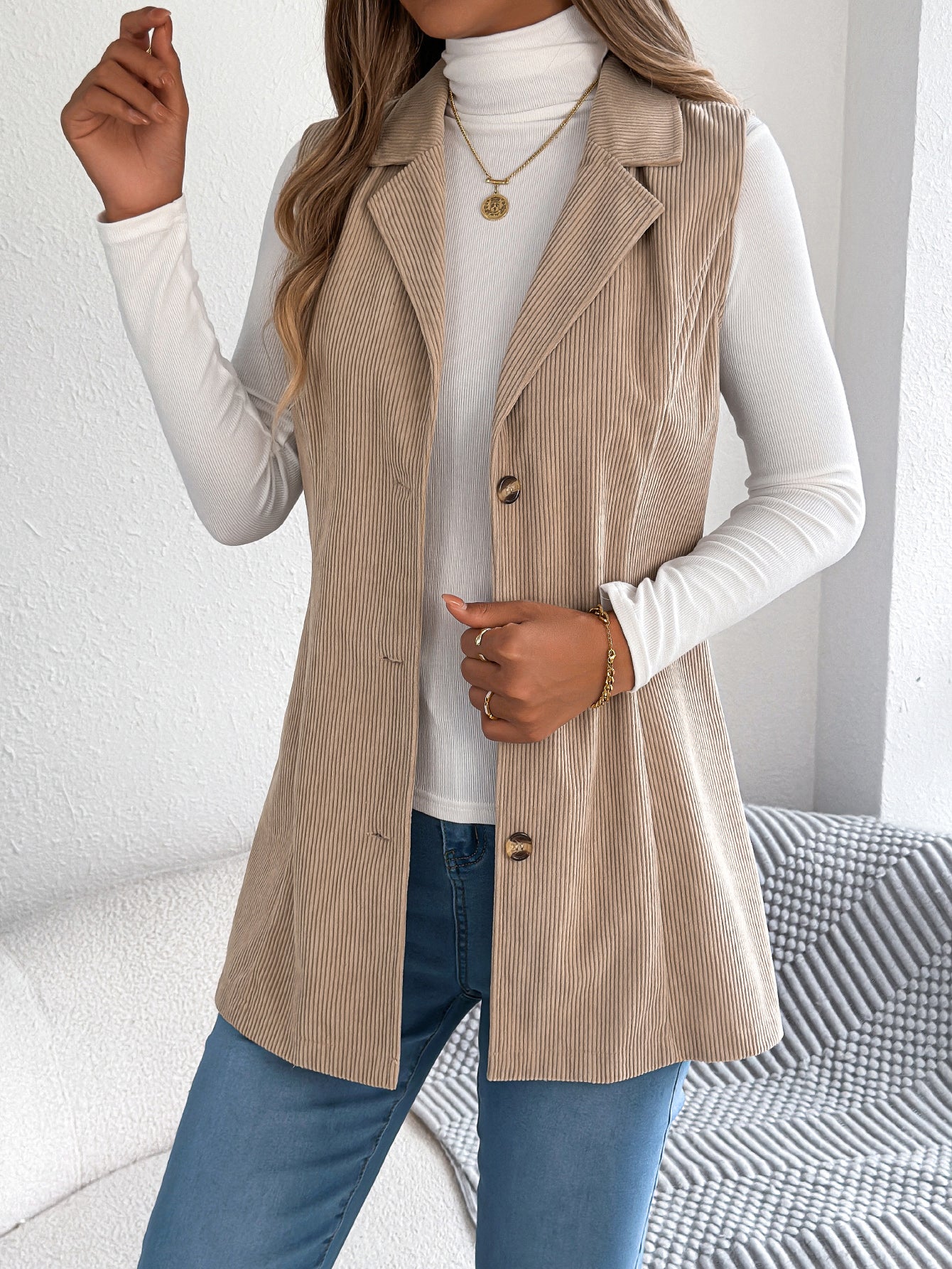 Women's Casual Single-Breasted Blazer Lapel Corduroy Vest Jacket