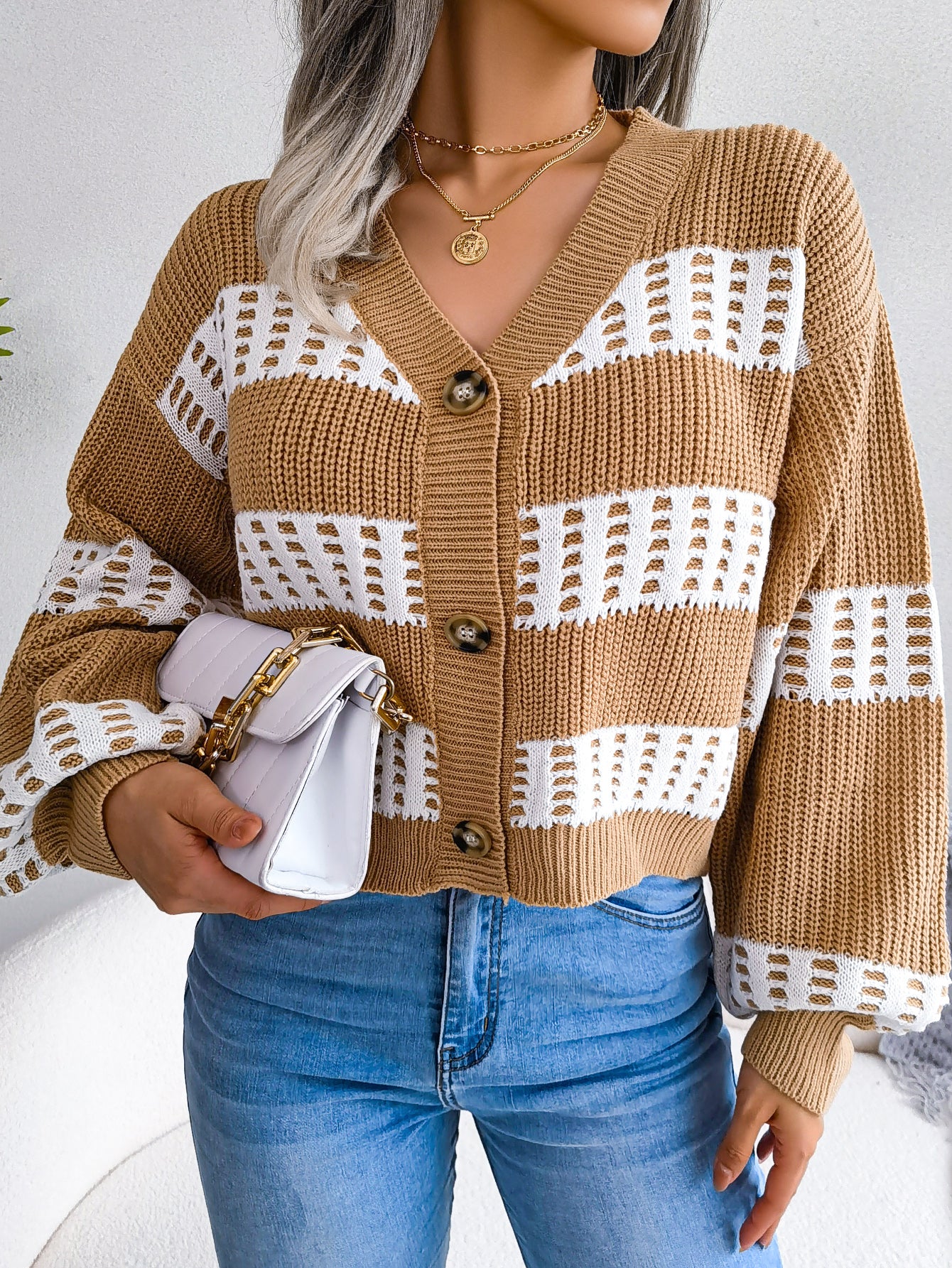 Women Designer Color Block Lantern Sleeve Cardigan Sweater Coat