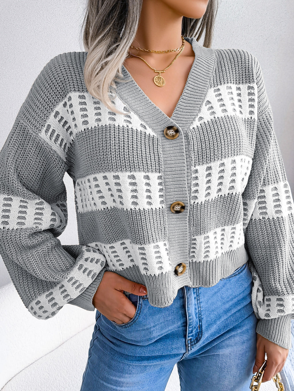 Women Designer Color Block Lantern Sleeve Cardigan Sweater Coat