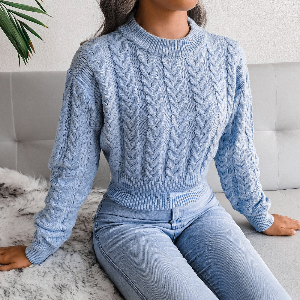 Cable Knit Waist Cinched Cropped Sweater