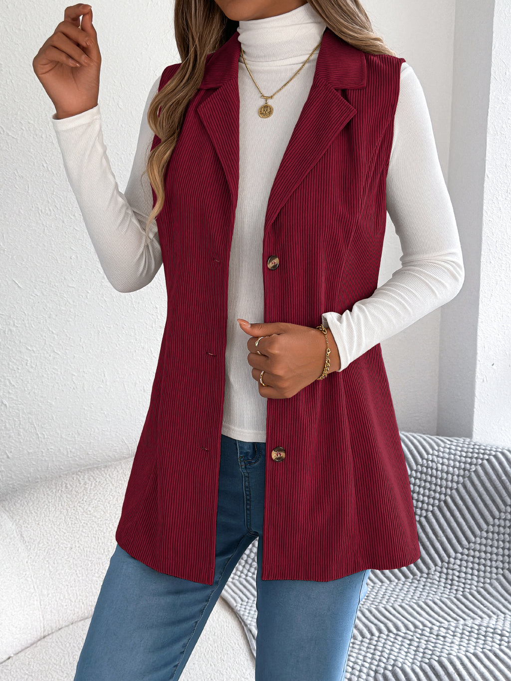 Women's Casual Single-Breasted Blazer Lapel Corduroy Vest Jacket