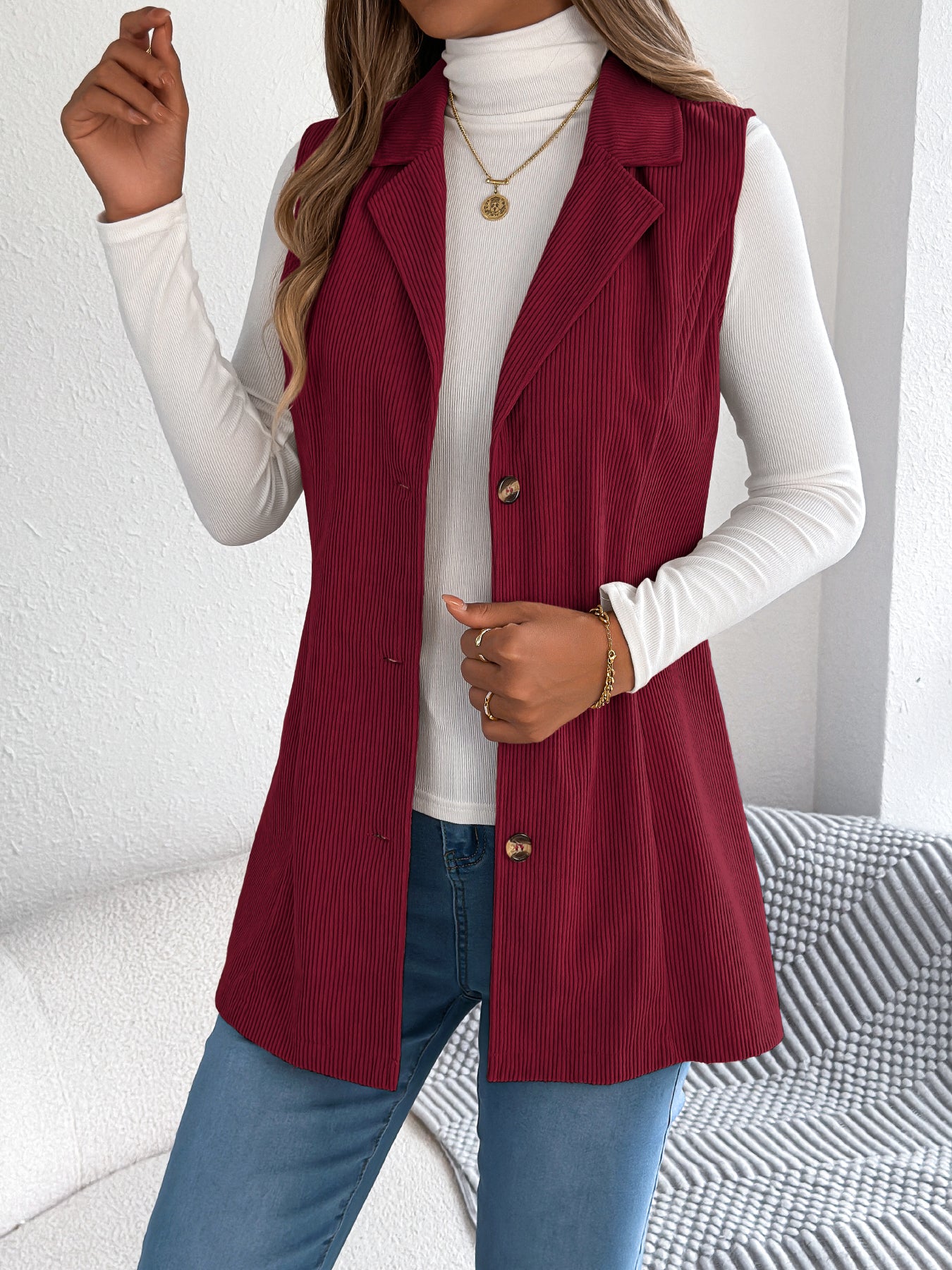Women's Casual Single-Breasted Blazer Lapel Corduroy Vest Jacket