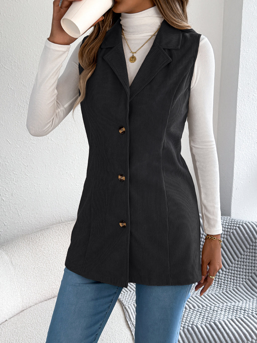 Women's Casual Single-Breasted Blazer Lapel Corduroy Vest Jacket